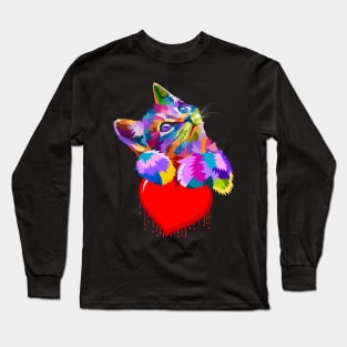 Cute Colorful Cat Hugging Dripping Heart Long Sleeve T-Shirt